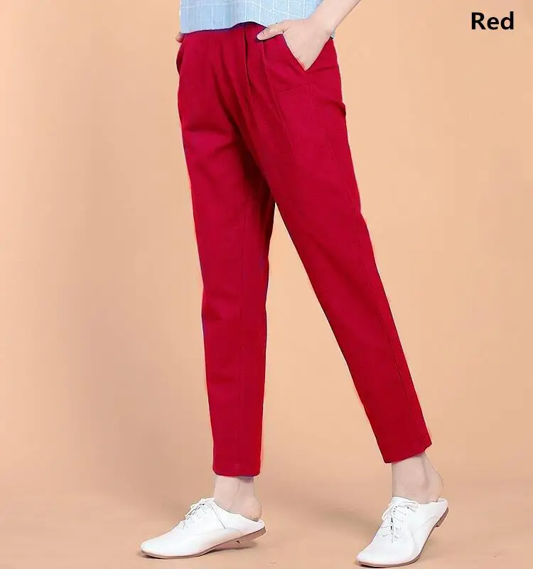 Осень весна лето женские хлопковые льняные штаны повседневные однотонные штаны-шаровары с эластичной талией размера плюс M-5XL 6XL черные красные брюки
