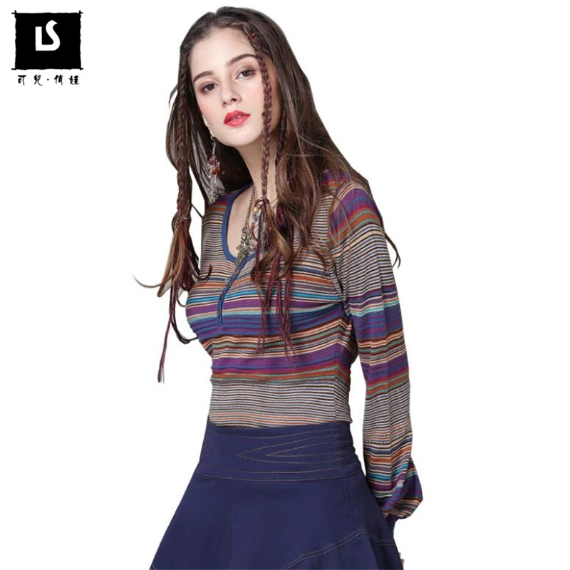 Женская хлопковая футболка в полоску с длинным рукавом фонариком|woman tshirt top|women