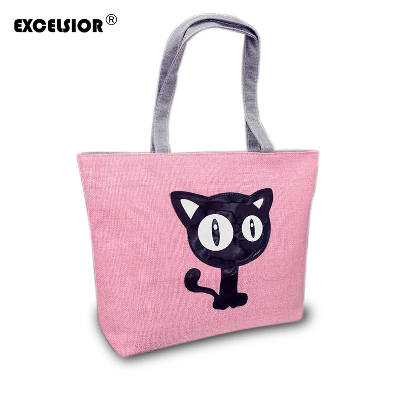 

EXCELSIOR Cute Cartoon Cat Printed Women Canvas Handbag Ladies Fashion Shopping Tote Portable Shoulder Bag Casual Beach Hand Bag