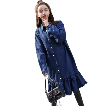 

2019 Maternity Nursing Long Blouses Jean Dress Plus Size Pregnancy Clothing Pregnant Women Pure Cotton Ruffles Denim Dress Q554