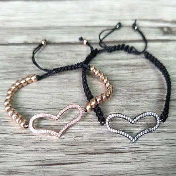 

5Pcs Micro Pave CZ heart Connector Charm & Round Beads Bracelet Braided Macrame handcraft Jewelry Xmas Gift BG129