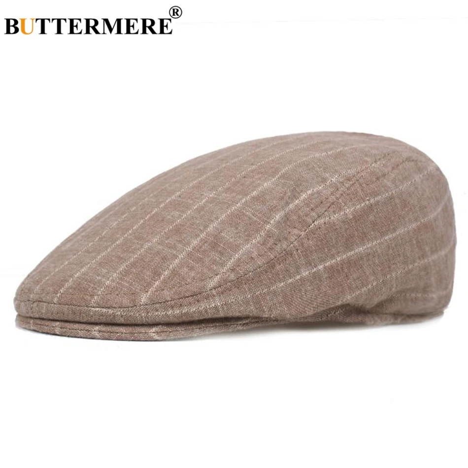 

BUTTERMERE Stripe Berets For Men Cotton Khaki Duckbill Caps Male Casual British Style Vintage Summer Flat Hats New Fashion 2020