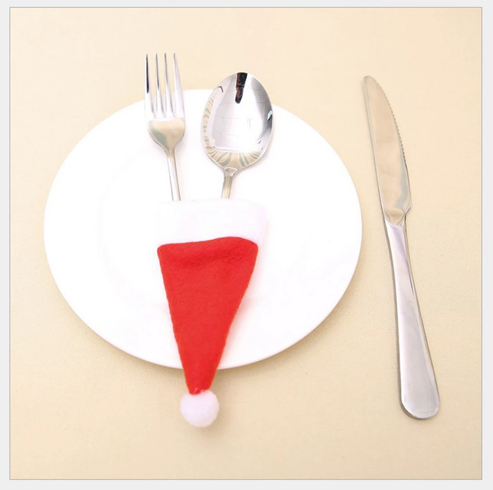 

10pcs Christmas Ornaments Tableware Knife Fork Cover Christmas Decoration Hat Festival Dinner Table Setting Storage Bag New Year