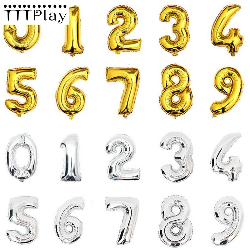 

16inch Gold Silver Number Foil Balloons Inflatable Digit Air Ball Wedding Decoration Happy Birthday Event Party Balloon Supplies