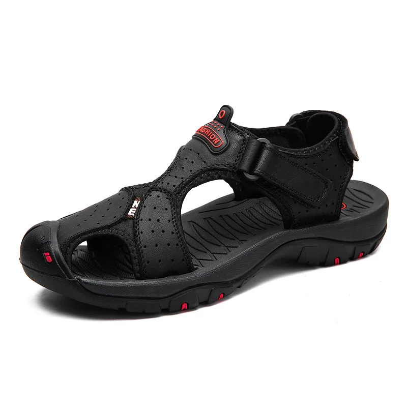 Брендовая мужская обувь из натуральной кожи; летние мужские сандалии; модные уличные пляжные сандалии и шлепанцы; большие размеры 38-47 - Цвет: black