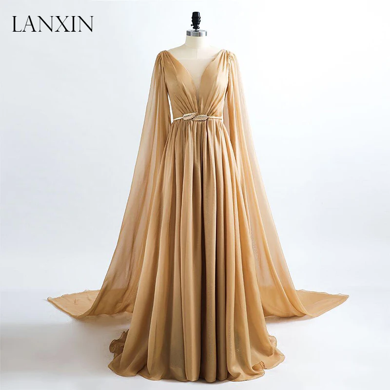 

2020 Gold Chiffon Formal Evening Dresses Robe de Soiree V Neck Pleats Floor Length Long Prom Dress abendkleider