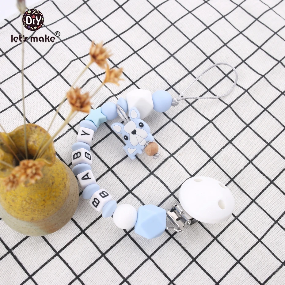 Let's make 1pc Personalized Name Dummy Clip Food Grad Silicone Chew Beads Round Teething DIY Baby Teething Pacifier Clips Chains