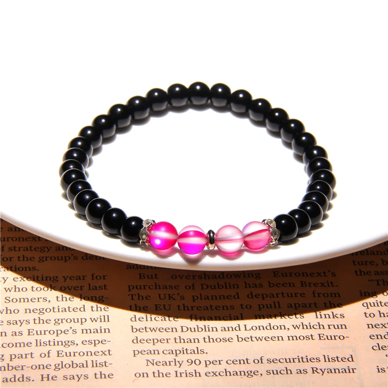 

Rainbow AB Aura Matte Moonstone Beads Bracelets Natural Polished Black Onyx Agates Beaded Bangels Jewelry For Woman & Girls