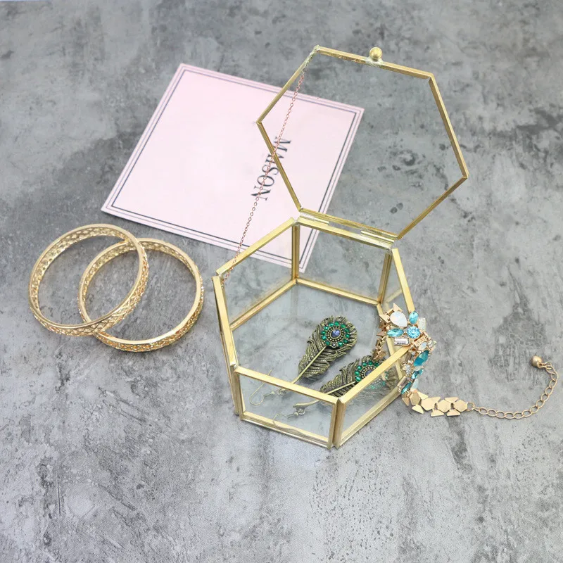

Vintage Geometrical Glass Jewelry Box Retro Earring Ring Flower Plants Display Box Case Wedding Decor Box