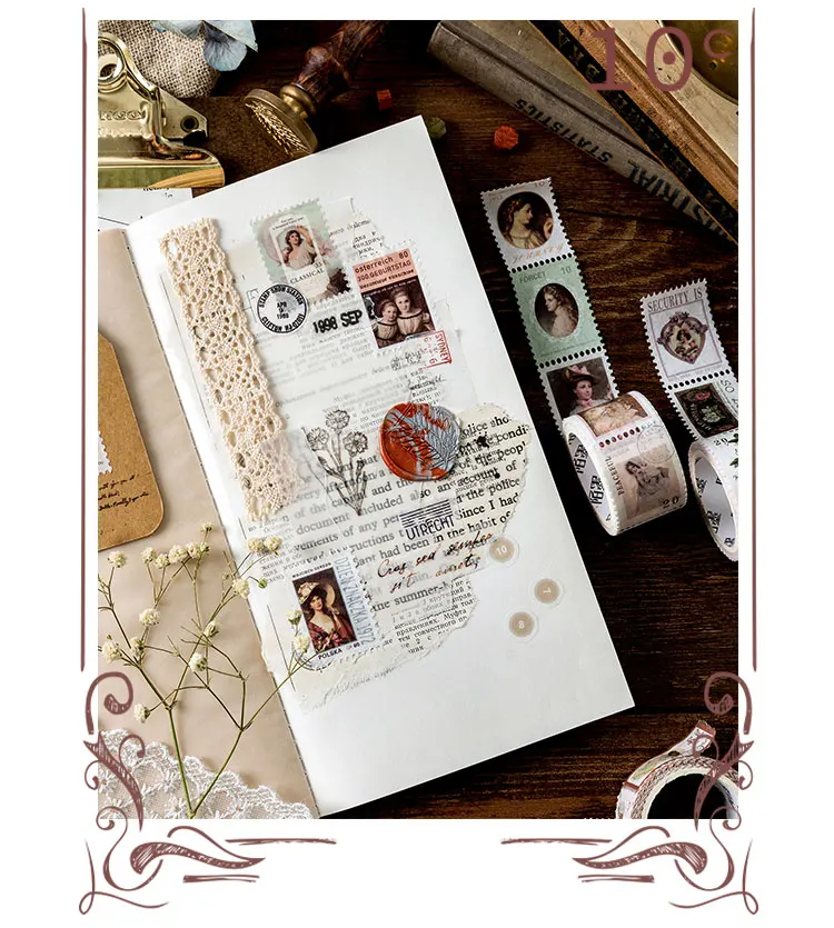 Vintage Stamp Series European Flower Plant Decorative Adhesive Tape Masking Washi Tape DIY Scrapbooking Sticker Label stationery