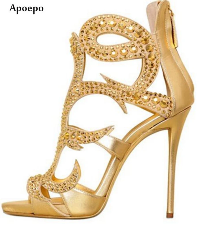 

New Fashion Gold Crystal Embellished Woman Sandal Summer Open Toe High Heel Shoes 2018 Cutouts Gladiator Sandal