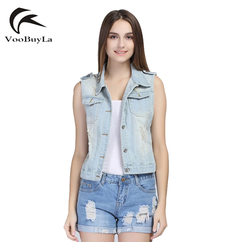 

VooBuyLa Brand Plus Size 4XL 5XL 6XL Denim Vest Women Sleeveless New 2018 Summer Ripped Holes Button Fashion Jeans Vest Tops