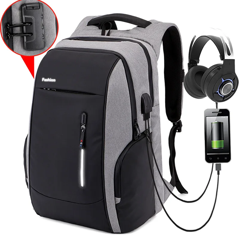 Для мужчин Bag15.6/17 дюймов Анти-кражи рюкзак наушники USB Интерфейс ноутбука Рюкзаки Водонепроницаемый дорожная сумка светоотражающие полосы школьный рюкзак