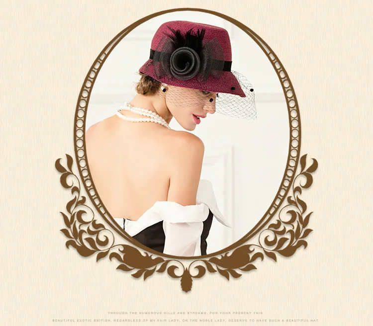 FS элегантный женский винный красный черный цветок для соломенной шляпки с сетчатой вуалью для летних дам Cloche фетровые шляпы федоры