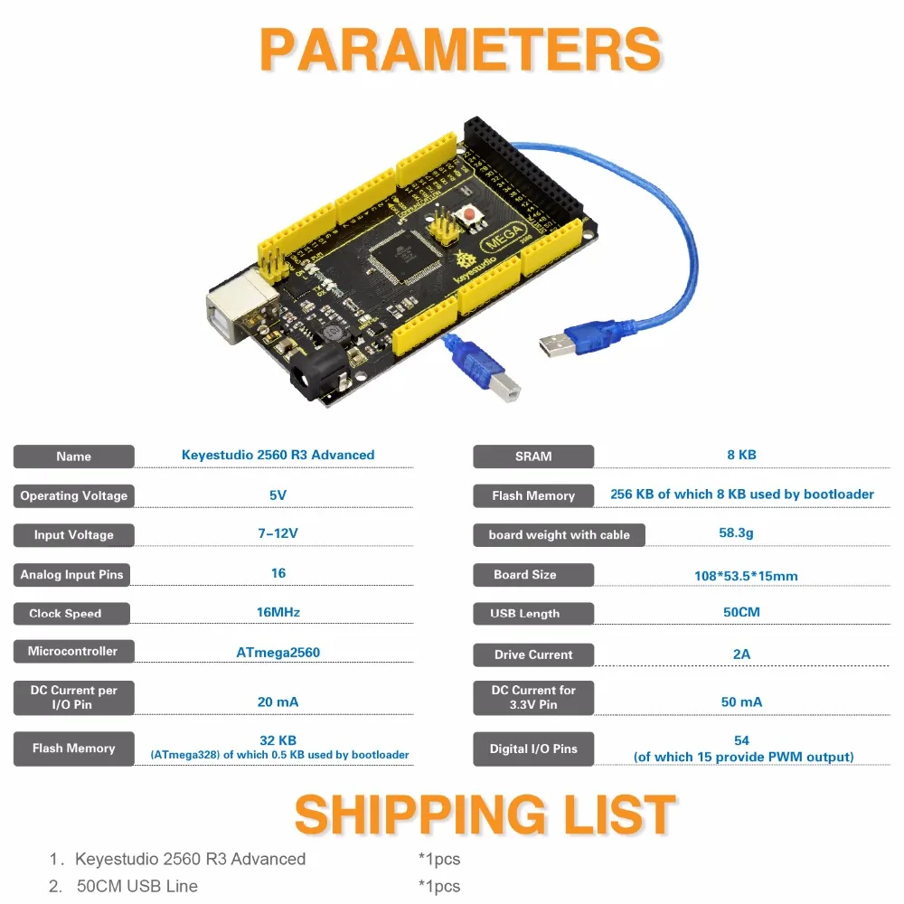 Новинка Keyestudio Super Mega 2560 R3 Advanced 5 в 2 а MP2307DN SOP 8 + USB кабель для Arduino Mega|Аксессуары