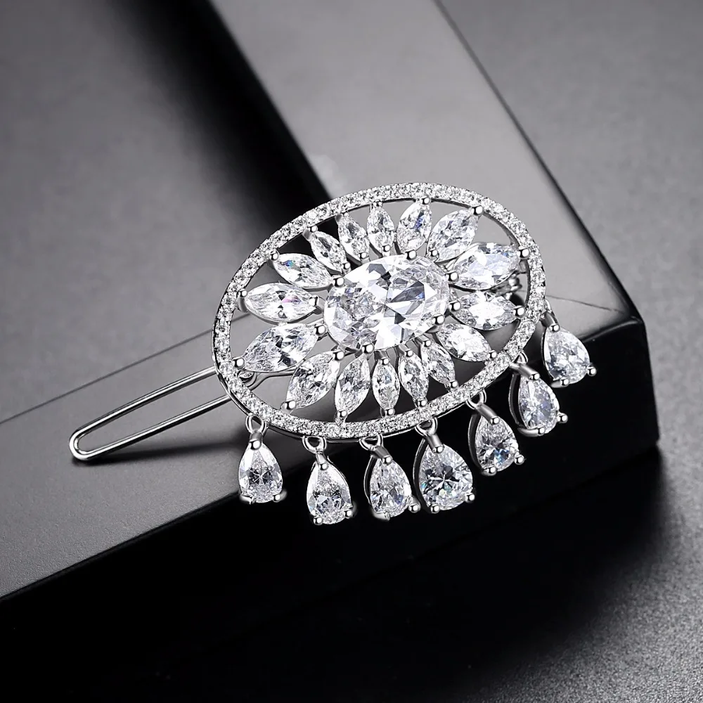 LUOTEEMI New Unique Round Flower Tassel Drop CZ Hair Accessories Korean Fashion Bridal Wedding Luxury Hair Pins Christmas Gift