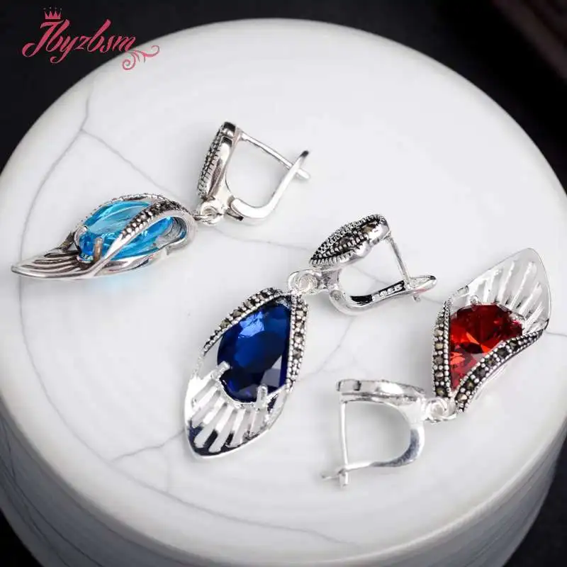 

10x14mm Oval CZ Crystal Marcastie Stone Beads Tibetan Silver Dangle Huggie Earrings For Woman Christmas Gift 1 Pair 10x22mm