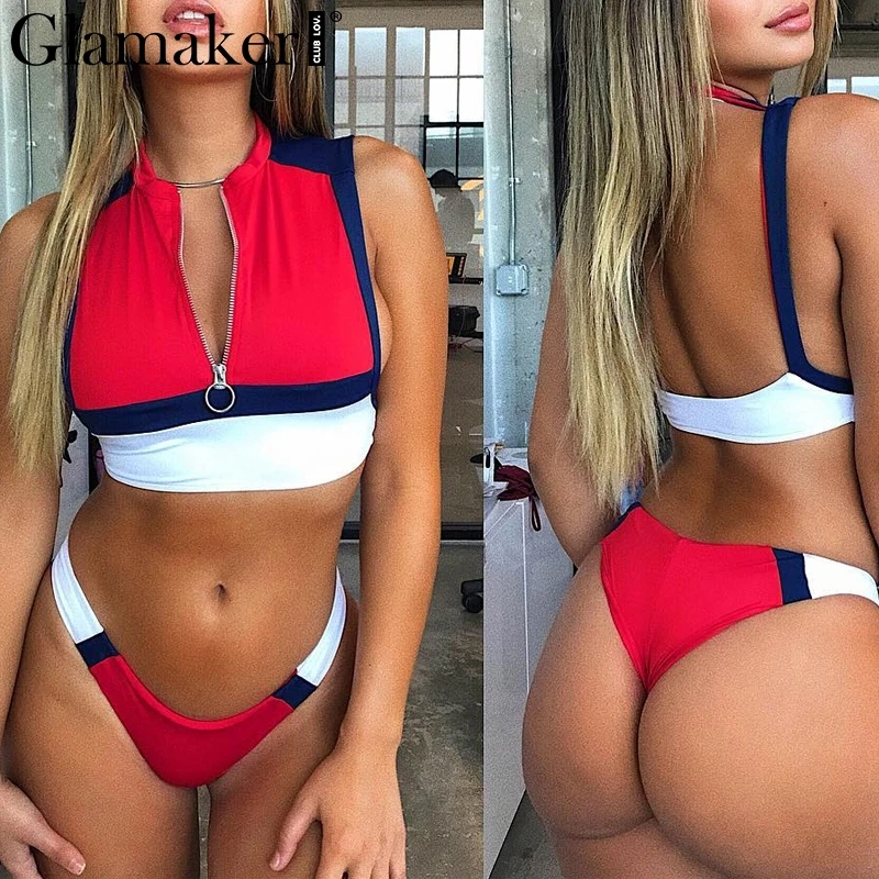 Glamaker Sport swimsuit thong women bathing suit Zipper bathers red high cut swimwear Brazilian two-piece suits bikini swimwear
