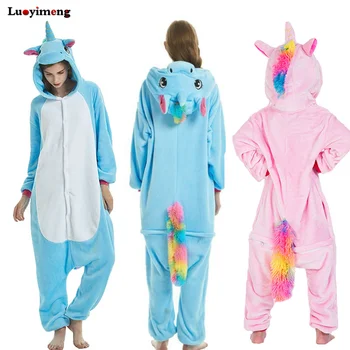 

Girls Unicorn Lion Pajamas Sleepwear Flannel Cartoon Nightwear Family Party Oneise Pyjamas Women Animal Stitch Hooded Pijamas