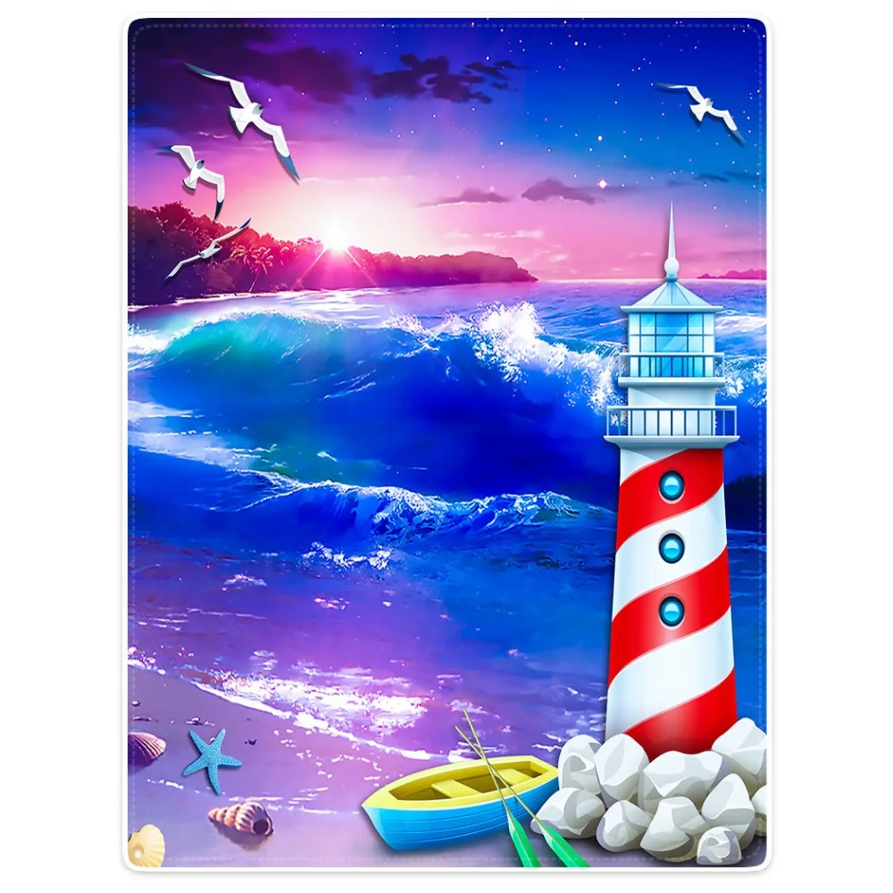 

HommomH Blanket Throw Comfort Warm Soft Plush Throw For Sofa Lighthouse Ship Sun Seagull Beach Evening Blue Sea