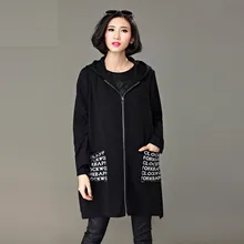 New2016Spring Плюс Размер Женская одежда с принтом букв тканый плащ-Тренч Женская свободная куртка Длинные рукава с капюшоном верхняя одежда для девочек, повседневные outfitxxxxl