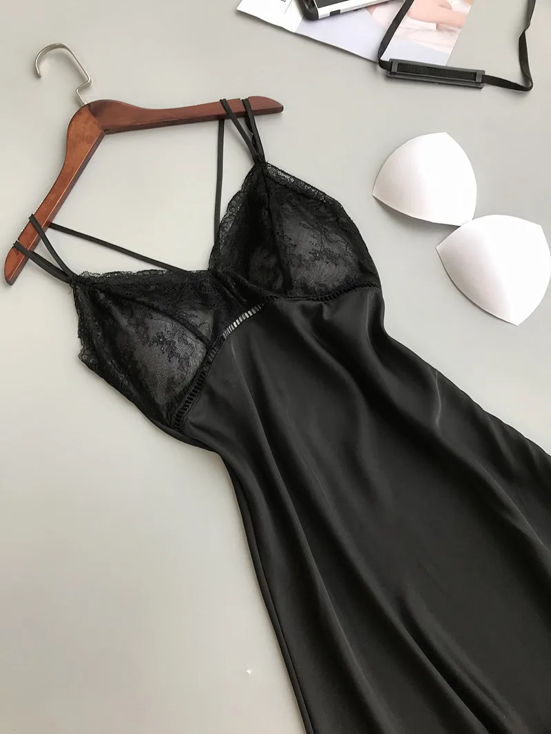 Night Woman Nightgown Night Dress Sleepwear Silk Satin Nightie Summer Night Gown Lingerie Femme Sleeveless V-neck Nightwear   8
