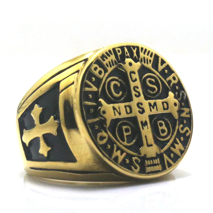 

CSPB CSSML NDSMD Saint Benedict of Nursia 316L Stainless Steel Golden Catholic Church Christianity Jesus Exorcism Cross Ring