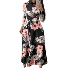 Женское летнее платье Элегантное с длинным рукавом праздничное платье Boho Цветочный Принт Макси платье Стенд шнуровка на груди Повседневные платья vestidos 3XL
