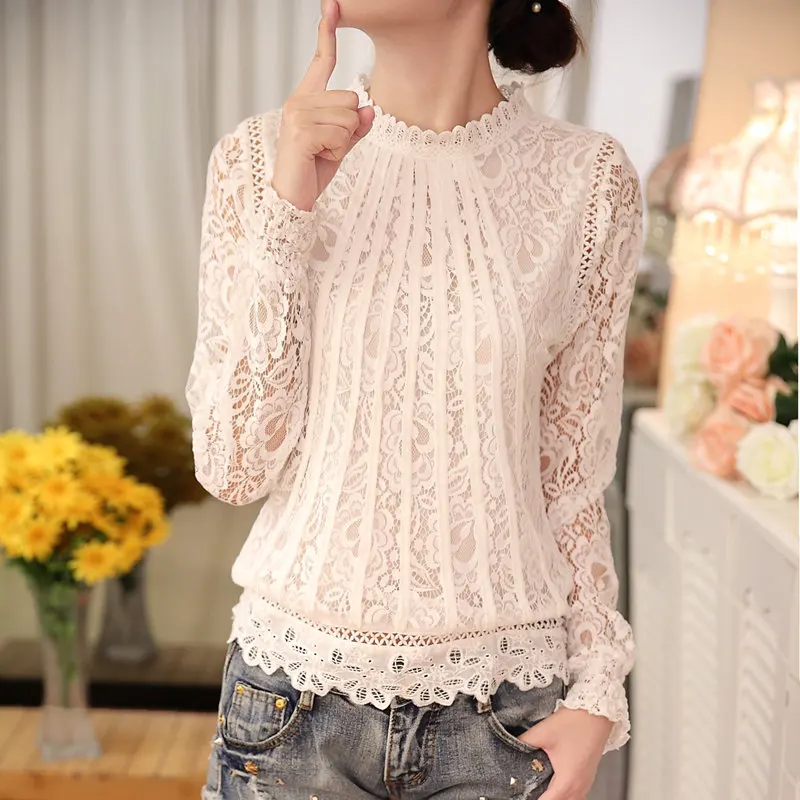  Lace Top Female Vadim Long Sleeve Blouse Korean Hollow Out Chiffon Shirt Blusasa Mujer De Moda 2019