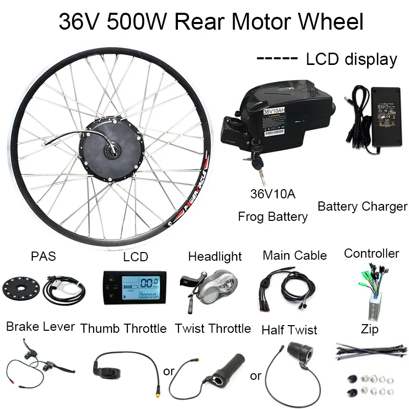 36V10A500WLCD rear DIY комплект 36V10Ah батарея 350 Вт Электрический велосипед мотор конверсия Ebike наборы светодиодный двигатель дисплея велосипеды комбинированный раздельный пакет - Цвет: 36V10A500WLCD rear