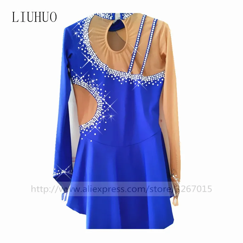 Платье для фигурного катания женское платье на коньках синее с воротником и