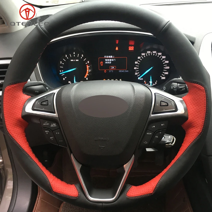 Xuji DIY Вручную прошитый рулевого колеса автомобиля крышки черный красный кожаный для FORD FUSION MONDEO 2013 edge