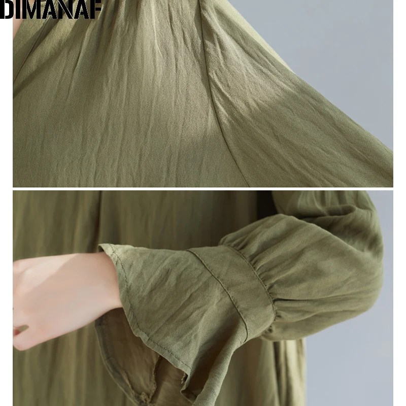 DIMANAF размера плюс женская блузка рубашка винтажные летние женские Топы туника с v-образным вырезом Женская одежда Свободная Повседневная с длинным рукавом одноцветная