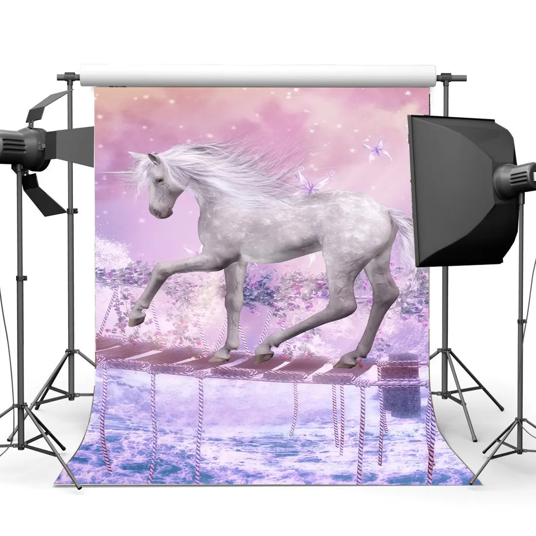 

Happy 1st Birthday Unicorn Backdrop Fairytale Wood Bridge Butterfly Bokeh Glitter Sequins Flowers Background