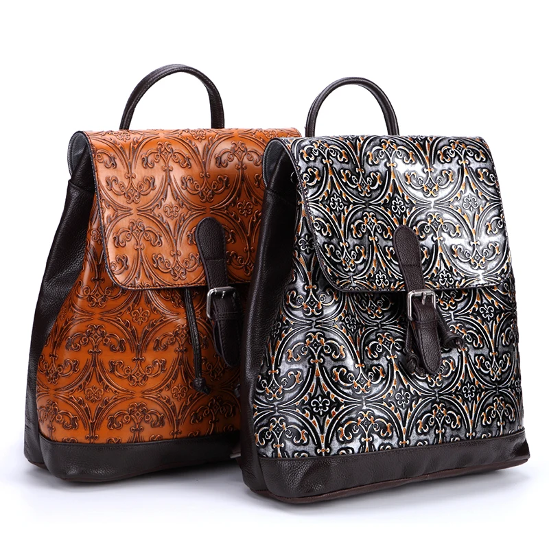 

High Quality Genuine Leather Women Backpack Embossed Knapsack Girls School Daypack Bags Travel Ladies Retro Trend Rucksack
