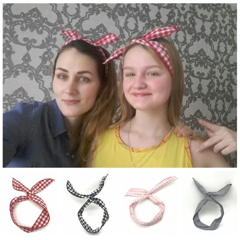 

1Pc Cute Leopard Dots lip print flower Bunny Rabbit Ear Ribbon Headwear Hairband Metal Wire Scarf Headband Hair Band Accessories