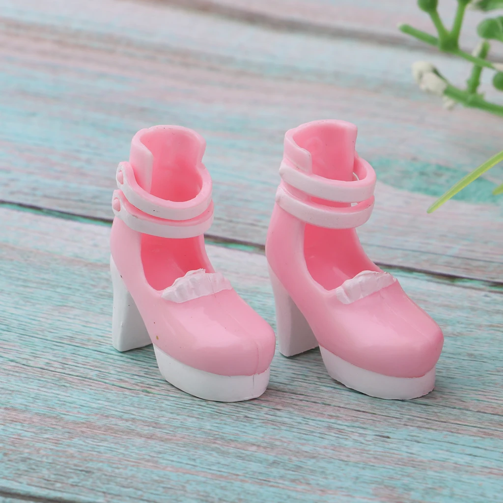Lovely 12inch Doll High Heel Shoes Thick Heels Ankle Strape Belt Shoes for Blythe Fashion Girl Doll Party Accessory Pink