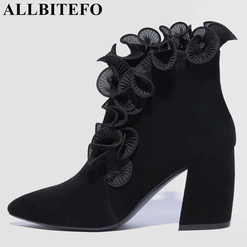 

ALLBITEFO cow leather ruffles design genuine leather women ankle boots fashion sexy High quality winter girls motocycle boots