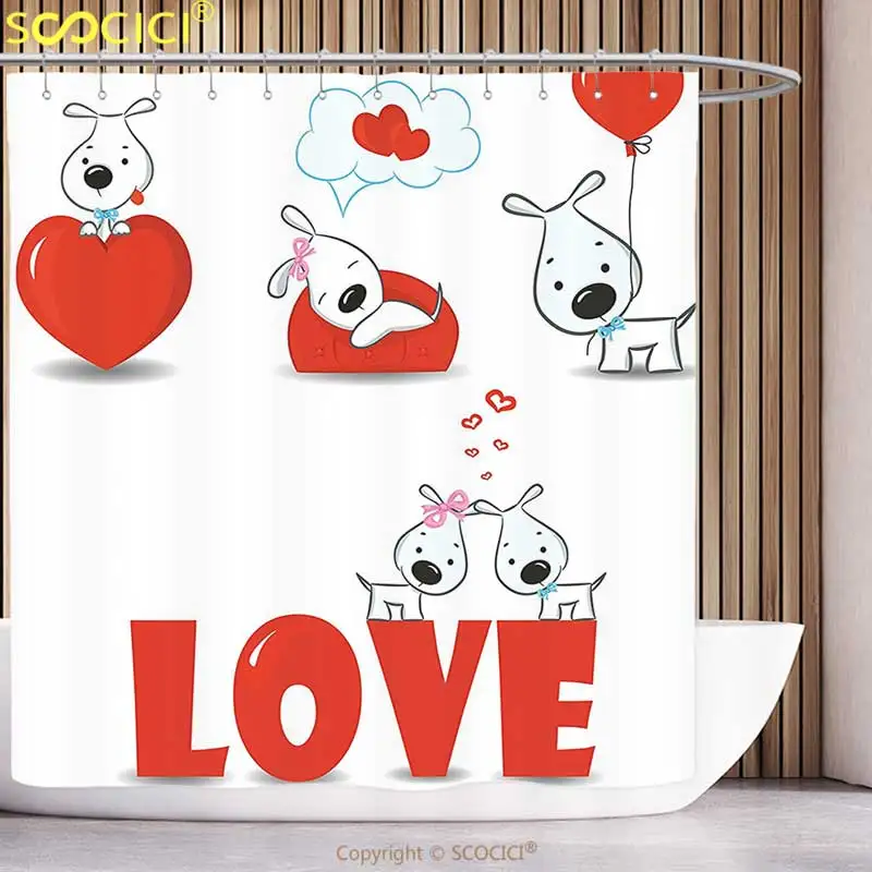

Decorative Shower Curtain Valentines Day Puppy Love with Hearts and Dogs His and Hers Heart Balloon Romantic Cartoon Print Red