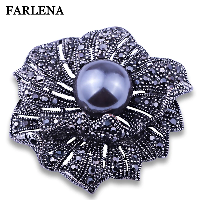 Farlena Jewelry Simulated Pearl Flower Shape Brooch Pins Vintage Black Rhinestones Brooches For