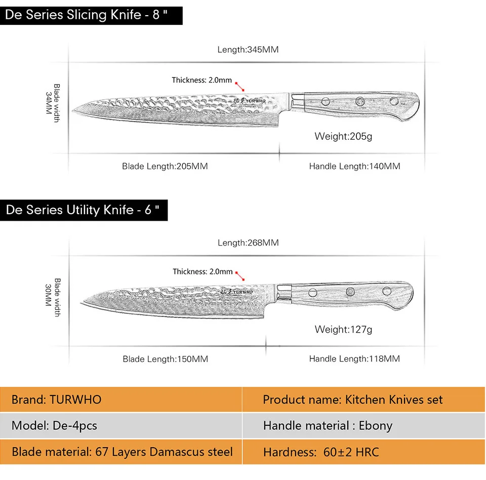 TURWHO 4 шт. лучший кухонный набор ножей японский Дамасская сталь профессиональный Nakiri шеф-повара нож хозяйственный santoku с черной ручкой