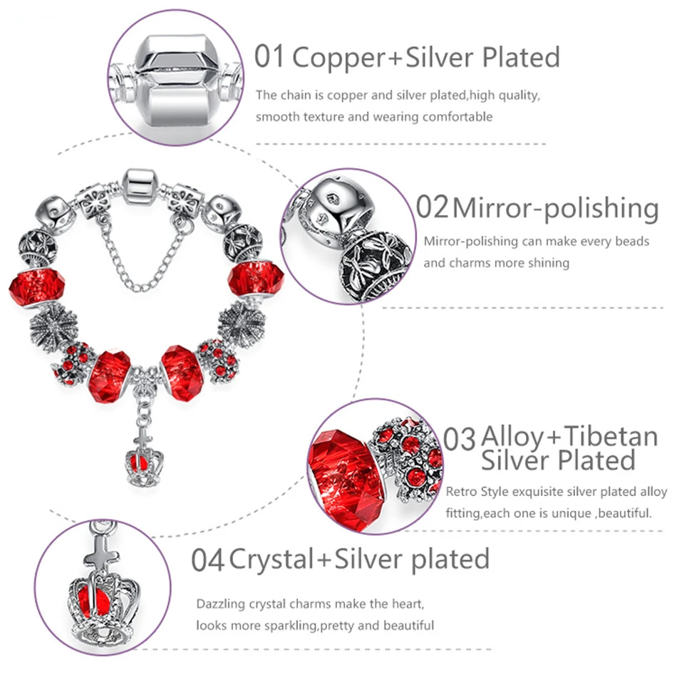 ELESHE Fashion DIY Crystal & Murano Glass Beads Crown Charm Bracelets For Women Snake Chain Bracelets & Bangles Pulseras Gift