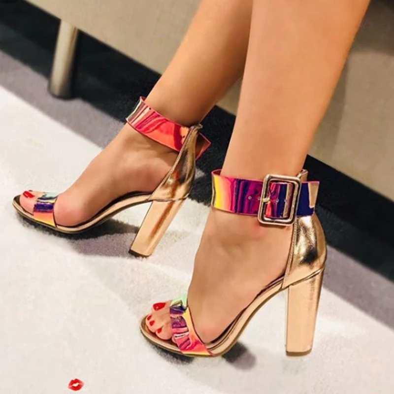 

Summer Fashion PVC Sandals Women 2019 New Super High Heel Gladiator Sandals Cover Heel Buckle Strap Champagne Ladies Sandals