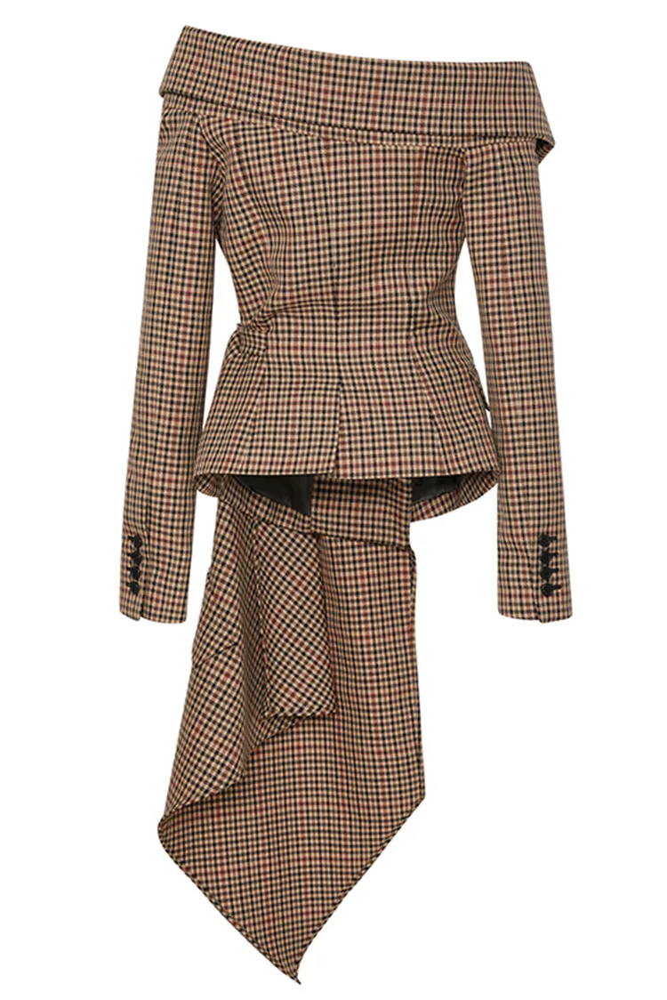 European Early Autumn New Women Irregular Cut Flanged Single Collar Shoulders Waist Checked Suit Jacket Fashion Lattic coats European Early Autumn New Women Irregular Cut Flanged Single Collar Shoulders Waist Checked Suit Jacket Fashion Lattic coats