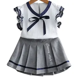 Детский Летний шифоновый костюм для маленьких девочек кружевной топ + юбка в складку студент Стиль Повседневное 2 шт. Детские костюмы