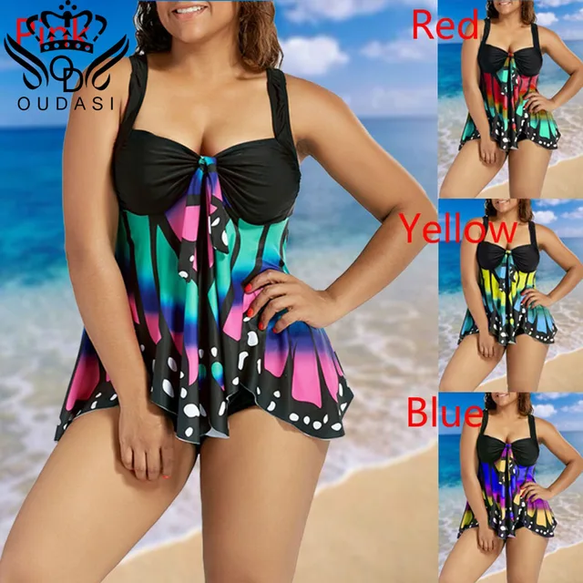 {Excellent|Wonderfull|Very Good|Very Recommended} Plus Size New Swimwear Women Retro Swimsuit Sexy Tankini Set Four color  Two-piece Suits butterfly Print Bathing Suit Swimdress Special Offers
