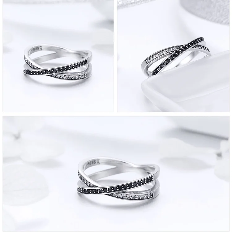 WOSTU, подлинные, 925 пробы, серебряные, модные, черные, скрещенные круг, юбилейное кольцо для женщин, серебро,, хорошее ювелирное изделие CQR439