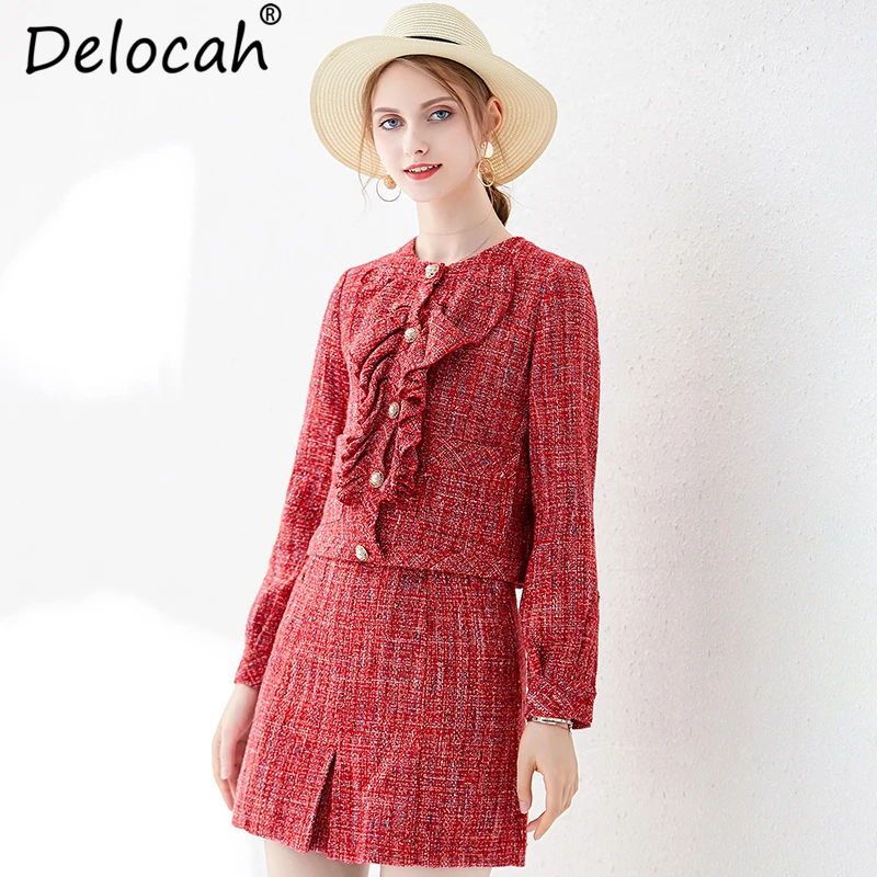 

Delocah Autumn Winter Women Suits Runway Fashion Long Sleeve Jackets and Office Ladies Mini Skirts Two Pieces Set 2019