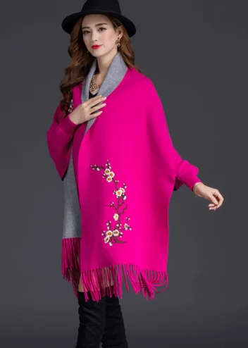 Осень зима размера плюс вышивка рукав "летучая мышь" Пончо Женское пальто плащ с цветочным узором кардиган свитер с кисточкой - Цвет: Rose Gray