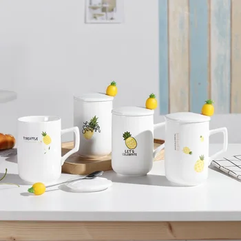 

400ml European Summer Pineapple Mug with Spoon, Creative Silicone Spoon Ceramic Cup New Breakfast mugs Coffee Cup